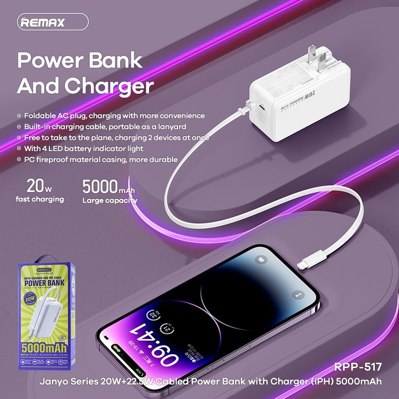 Pin Dự Phòng Kiêm Cóc Sạc Nhanh 20W Remax RPP-517 5.000mAh (Kèm Cáp Iphone)