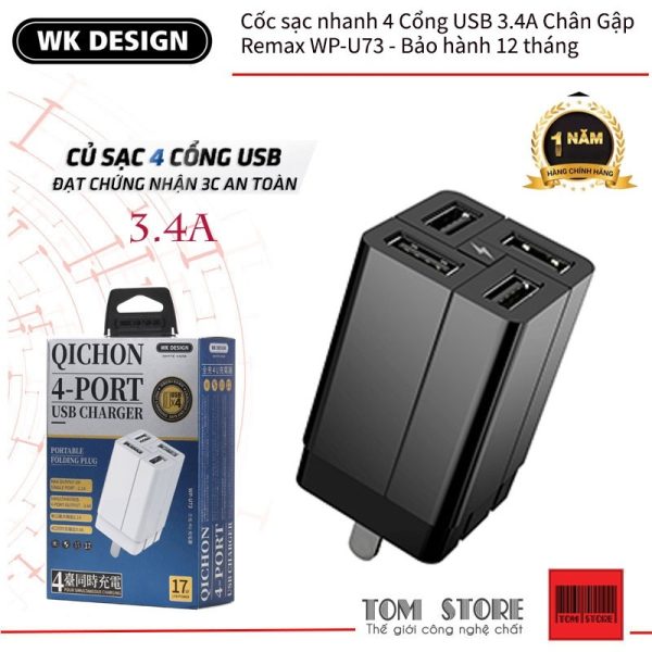 Cóc Sạc Đa Năng Remax RP-U43 4 Cổng USB Max 3.4A