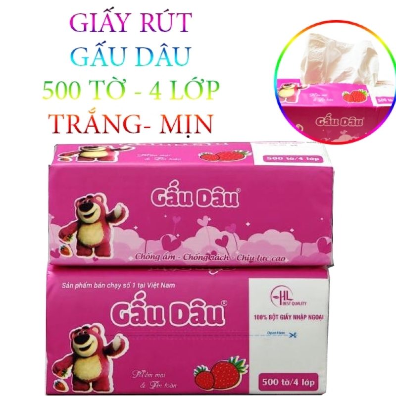 Khăn Giấy Khô Gấu Dâu (Gói 500 Tờ X 4 Lớp)