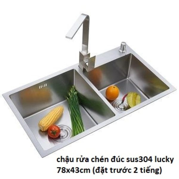 Chậu rửa chén 2 ngăn đúc sus304 lucky 78x43cm (đặt trước 2 tiếng)