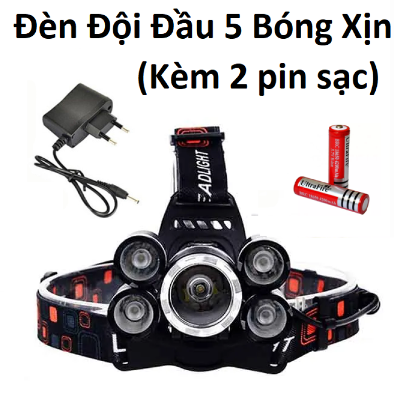 Đèn Đội Đầu 5 Bóng Xịn ( kèm 2 pin sạc )