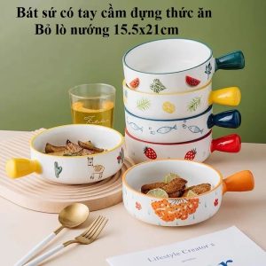 Bát Sứ Có Tay Cầm đựng Thức ăn Bỏ Lò Nướng 15.5x21cm