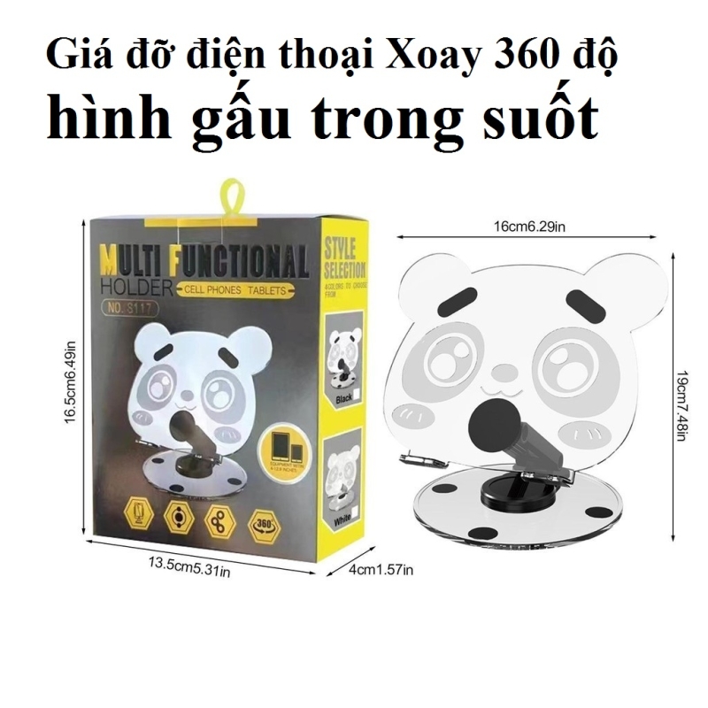 Giá đỡ điện thoại Xoay 360 độ hình gấu trong suốt