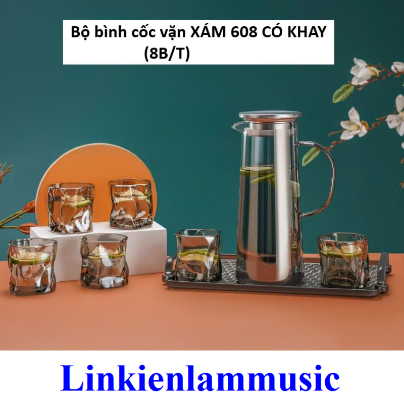 Bộ Bình Ly/ Cốc Vặn Xám 608 Có Khay Thuỷ Tinh Siêu đẹp 1500ml