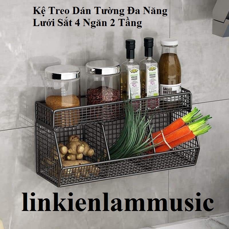 Kệ Treo Dán Tường Đa Năng Lưới Sắt 4 Ngăn 2 Tầng