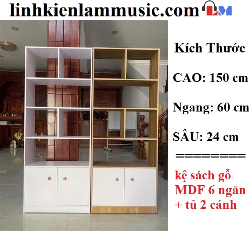 Kệ sách gỗ MDF 6 ngăn + tủ 2 cánh