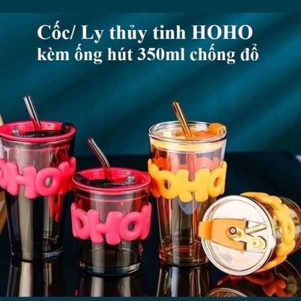 Cốc/ Ly thủy tinh HOHO kèm ống hút 350ml chống đổ