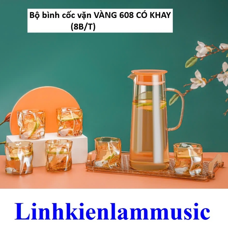 Bộ Bình Ly/ Cốc Vặn (Vàng) 608 Có Khay Thuỷ Tinh Siêu đẹp 1500ml